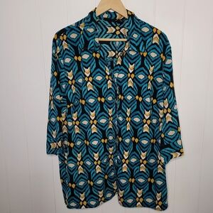 Maggie Barnes Top Blouse Women's Size 2X Blue Geometric Short Sleeve